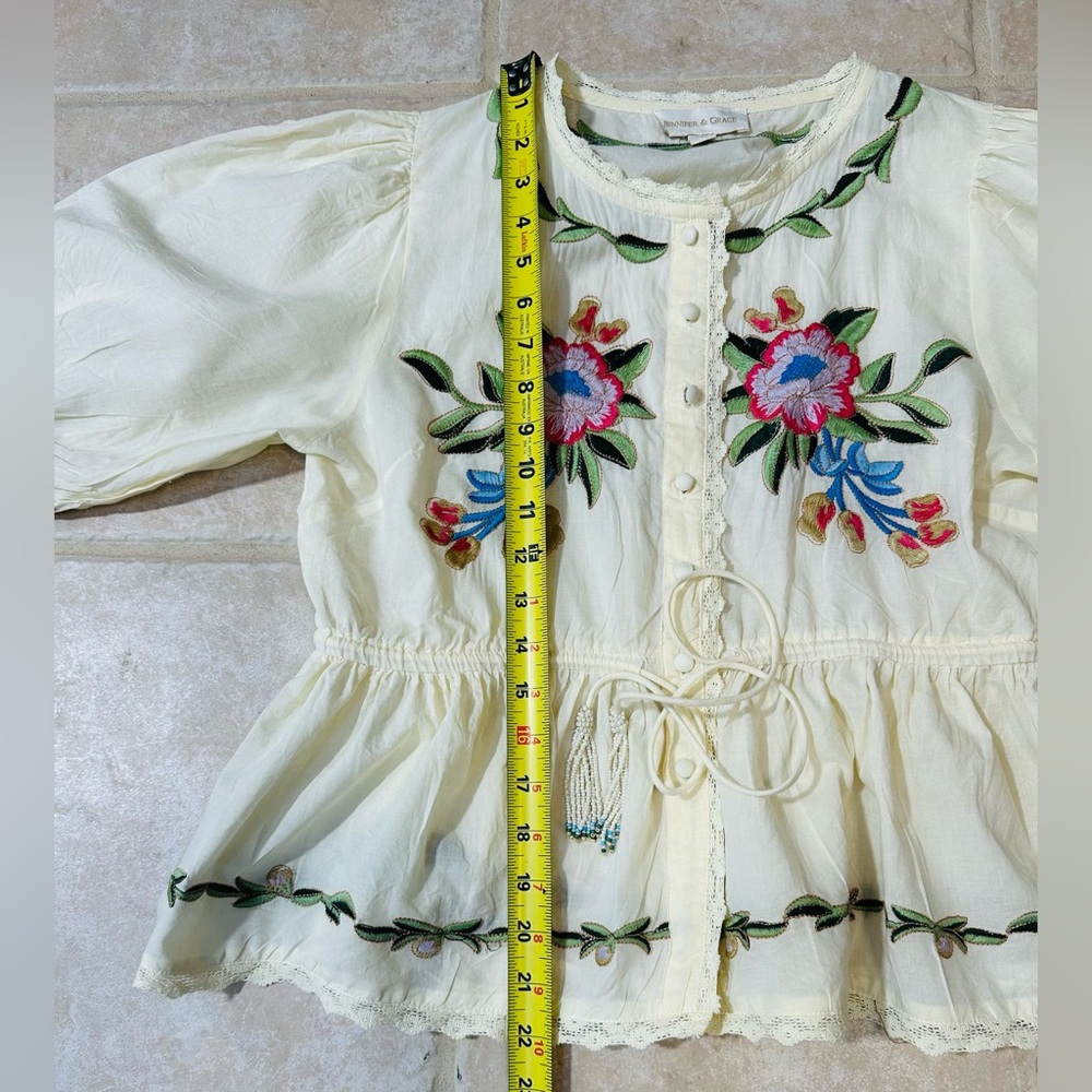 Embroidered Floral Peplum Blouse S Bohemian Summer Cotton Hippie Casual Retro - Picture 4 of 8